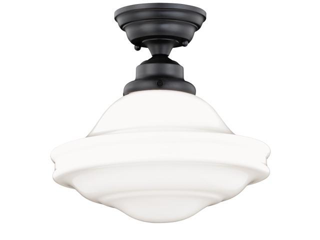 Huntley 12 Inch Schoolhouse Semi Flush Light, Oil Rubbed Bronze Finish, White Milk Glass, Dimmable Ceiling Mounted Lighting
