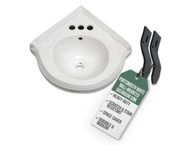 Portsmouth 22 Inch Corner Wall Mount Bathroom Sink White Grade A Vitreous China with Mounting Bracket Overflow Backsplash 4 Inch Centerset Space.