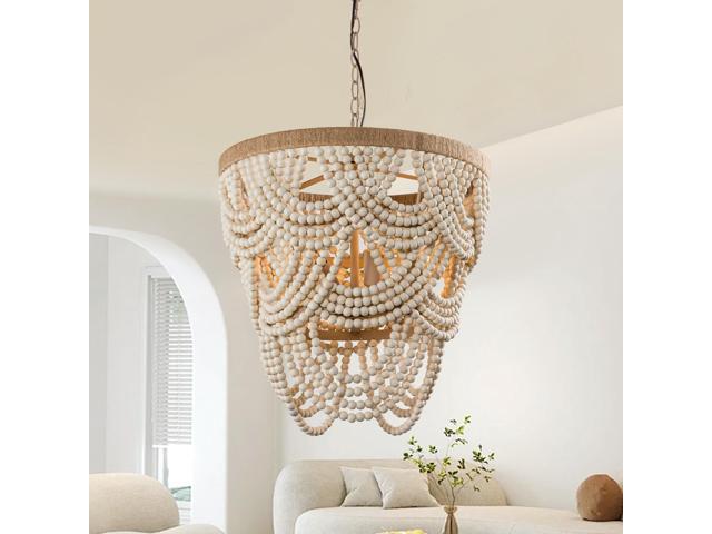 Rustic Chandeliers Farmhouse Wooden Beaded Chandelier Lights, 4-Light Pendant Light Fixture for Dining Room Living Room, 39.4' Adjustable Chain,.