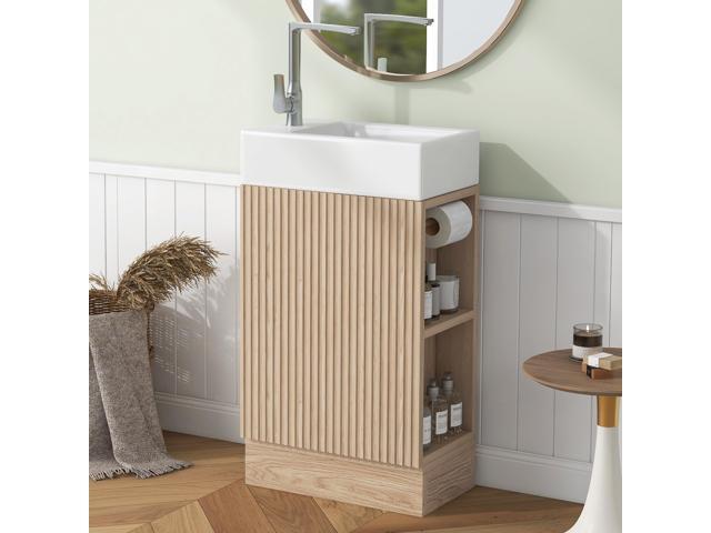 18.6' Small Bathroom Vanity with Sink, Single Narrow Bathroom Vanity with Toilet Paper Holder & Soft-Close Door, Left or Right Storage, Wood.