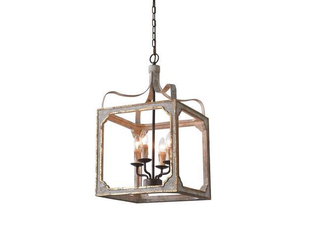 French Country Chandelier 4-Light Lantern Pendant Lighting Square Wood Metal Chandeliers Hanging Light Ceiling Light Fixtures in Antique Gray &.