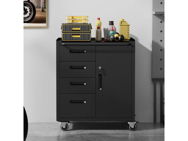 Metal Storage Cabinet with Wheels, Heavy Duty Steel Rolling Tool Chest with 1 Lockable Doors and 4 Drawers, Steel Locking Garage Storage Cabinet...