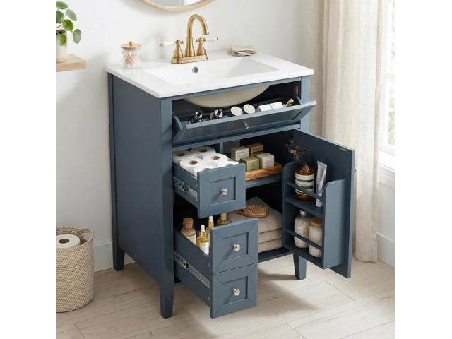 24' Bathroom Vanity with Sink Combo Set, Solid Wood Frame Bathroom Storage Cabinet with 2 Drawers and a Tip-Out Drawer, Adjustable Shelf, Soft.