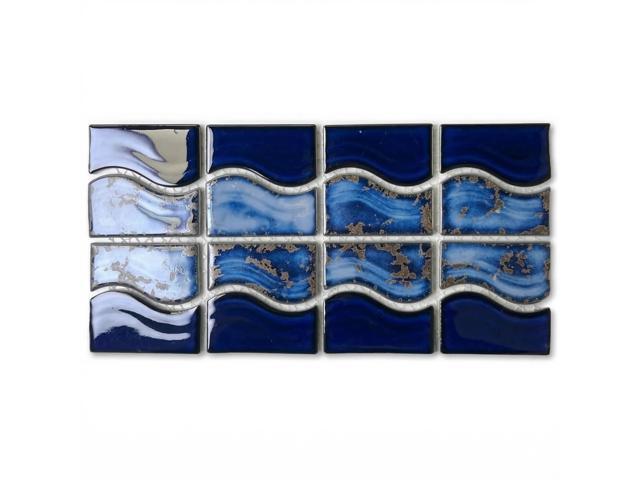 Wave Sea Cobalt Blue with Calacatta Gold Porcelain Border Pool Tile 6x12 Mesh Easy Install for Bathroom Walls, Kitchen Backsplash 10 Pieces