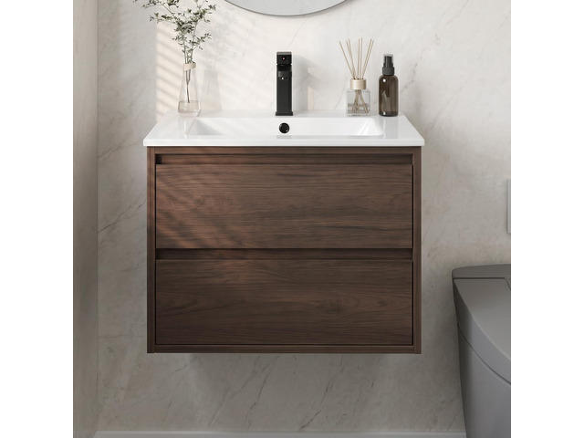 Wall Mounted Bathroom Vanity 24' - Walnut, Two Slide Drawers, Engineered Wood Single Sink Cabinet