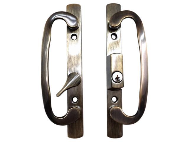 8.5' Legacy Sliding Patio Glass Door Offset Latch Antique Brass Handle Set with Keys - Sash Controls 2265 Keyed Lock - Fits 3-15/16' Screw Hole.
