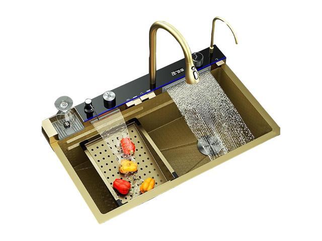 29.5 INCH Digital Display Embossed Stainless Steel Gold Raindance Waterfall Sink with Pressurized Cup Washer and Two Waterfalls 29.5x18 INCH