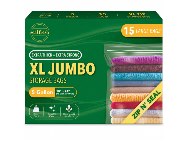 5 Gallon Large Plastic Storage Bags 18' x 24' (15 Count) Reusable XXL Extra Large Clear Jumbo Zip Bags with Sealable Zipper Top For Clothes,...