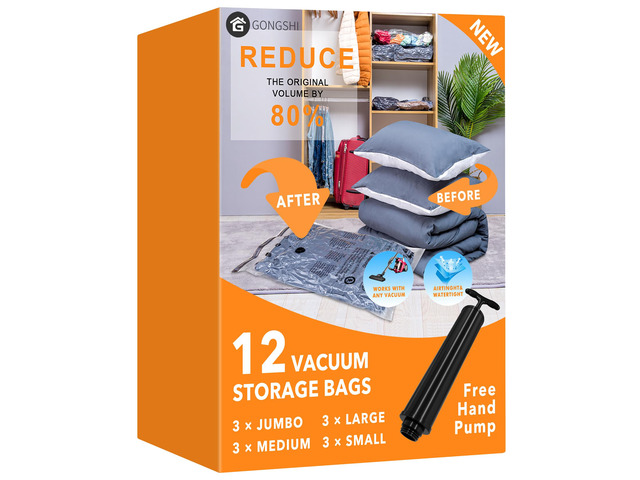 Vacuum Storage Bags for Clothing, 12-Piece Set 3 Jumbo, 3 Large, 3 Medium and 3 Small Bags for Clothes, Bedding and Blankets; for Home...