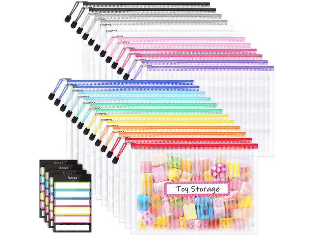24 Pack Mesh Zipper Pouch with Sticky Labels, A4 Mesh Bags Organizer Sturdy Letter Size File Folders, Office School Classroom Teacher Supplies, Toy...