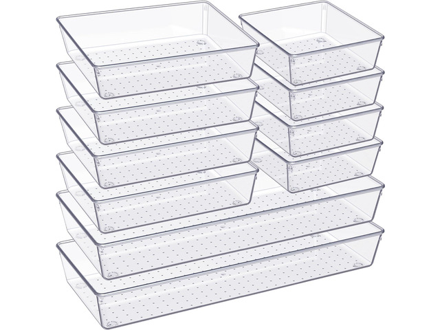 Drawer Organizer, 10 Pack Large Clear Plastic Set, 3 Size Versatile Bathroom and Vanity Organizer Trays, Storage Bins for Makeup, Bedroom, Kitchen...
