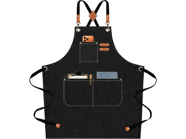 Chef Aprons for Men Women with Oversized Pockets, 16-Ounce Cotton Canvas Cross Back Heavy Duty Work Apron (Black)