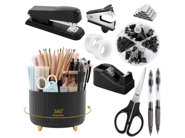 Black Office Supplies with Pencil Holder,Desk Accessories 11PCS Office Desk Accessories Included Stapler with Staples, Staple Remover,Tape...