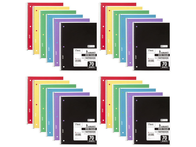 Spiral Notebook, 24 Pack, 1 Subject, Wide Ruled Paper, 7-1/2' x 10-1/2', 70 Sheets per Notebook, Colors Will Vary (930203-ECM25)