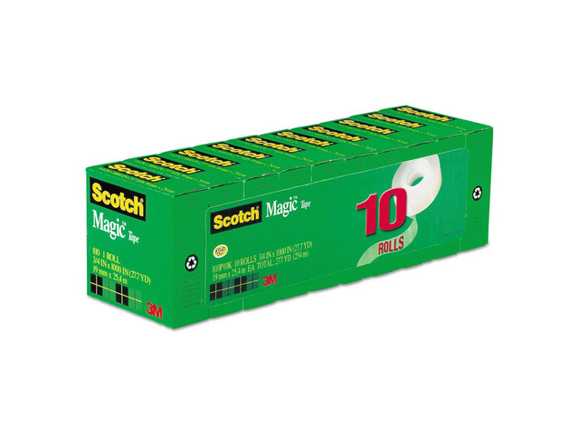 Magic Tape 810P10K, 3/4' x 1000', 1' Core, Invisible Matte Finish, 10-Pack Refill Rolls for Permanent Paper Mending