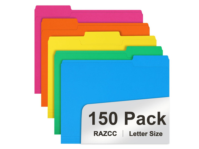 File Folder, 150 Pack 1/3 Cut Tab Colored File Folders, File Folder Letter Size for Office Classroom Use, Assorted 5 Colors Folders with Tabs