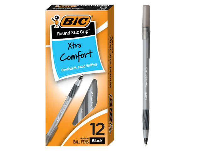 Round Stic Grip Xtra Comfort Black Ballpoint Pens, 12-Count Pack Medium Point 1.2mm Tip Size Soft Grip Design for Enhanced Comfort Smooth Ink...