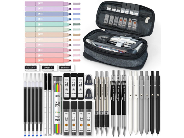School Supplies with Pencil Case, 45ct Black Back to School Stationery Set, Essentials for College & Nursing Students, 6 Gel Pens, 6 Mechanical...