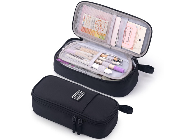Durable Pen Pencil Case for School Supplies, High Capacity Pencil Bag Pouch Organizer for Teen Girls Boys Adults, Black