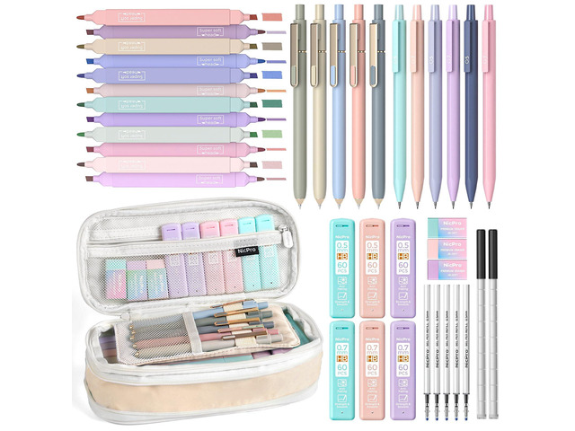 School Supplies Stationary Set with Pencil Case, 39 PCS Cream Back to Schoo Supplies, Pen Case with 12 Highlighter, 5 Gel Pen, 6 Mechanical Pencil,...