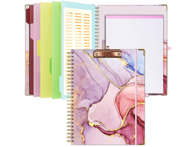 Clipboard with Storage 8.5 X 11Padfolio Organizer, Spiral Portfolio Letter Size with Notepad, Pen Holder, 5 Extra Folder Divider Pages, Elastic...