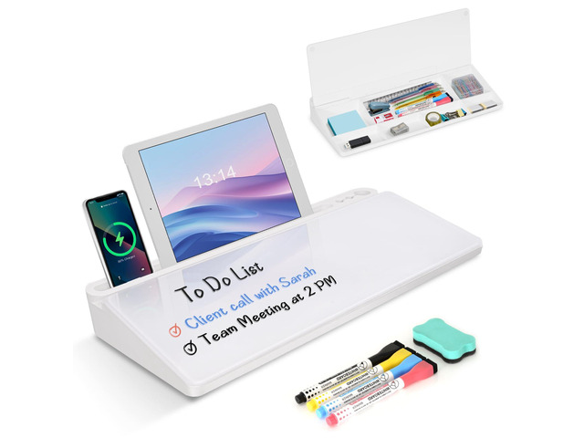 Desktop Glass Whiteboard with Storage, Desk Dry Erase White Board Stand Computer Keyboard Stand, Office Desk Organizers and Accessories with...
