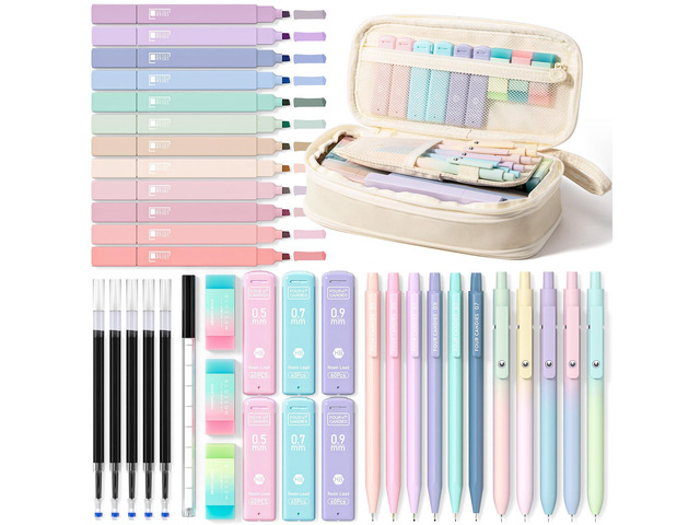 School Supplies with Cute Pencil Case, 39ct, Cream Back to School Stationery Set, Essentials for College & Nursing Students, 5 Gel Pens, 6...