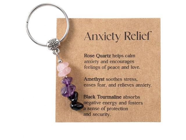 Kimonce Comfort Crystal Keychain Gift for Women, Natural Rose Quartz Amethyst Beaded Key Ring with Card, Cute Bag Charm for Friend Coworker Stress...