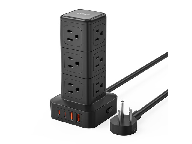Tower Power Strip with Surge Protection, Charging Station Tower with 12 AC Outlets 4 USB Ports (2 USB C), Space Saving Design, 5FT Tower Extension...