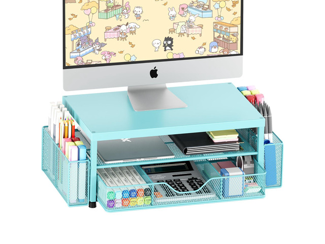 Desk Organizer and Accessories, 2-Tier Computer Monitor Stand Riser with Drawer and 2 Pen Holders, Laptop Stand, Office Desk Accessories for Office...