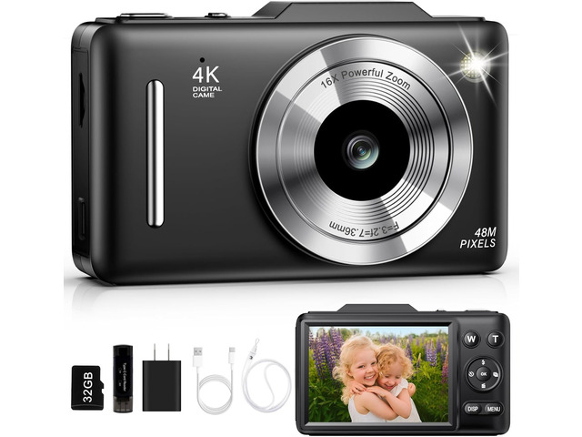 Digital Camera 4K for Kids-48MP Autofocus Vlogging Camera with 32GB Card, 16X Zoom, Anti-Shake, Compact Point and Shoot Camera for Teens Beginners,...