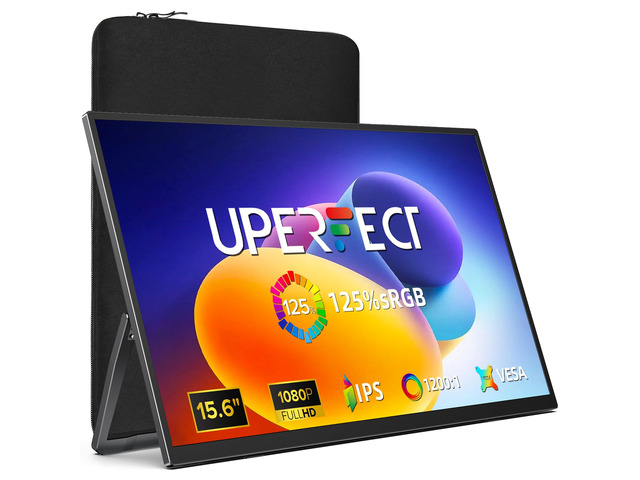 Portable Monitor 15.6', 125% sRGB Ultra-Slim Laptop Monitor with Protective Sleeve, Built-in Adjustment Stand Speaker VESA, HDMI USB-C Plug &...
