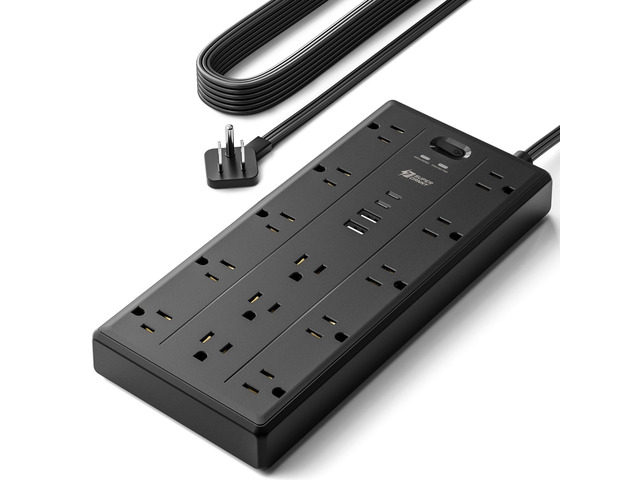 10Ft Extension Cord with Multiple Outlets, Flat Plug Power Strip 2100J, 13AC 2 USB C 2 USB A Charging Ports, Surge Protector, Desk Charging...