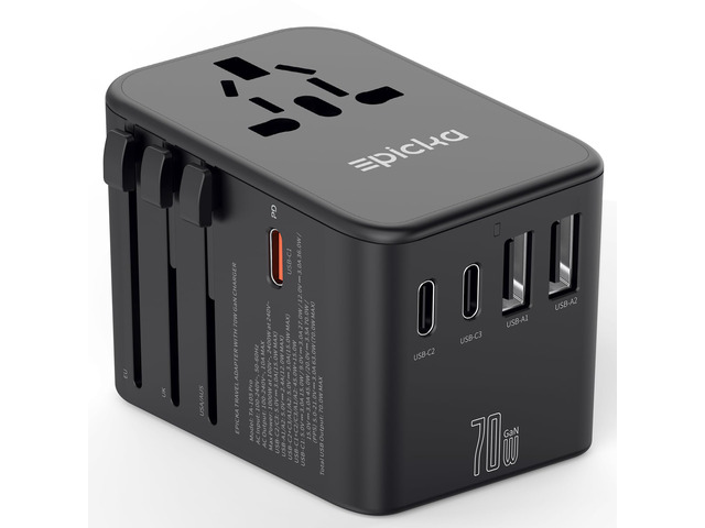 70W GaN PD Universal Travel Adapter, 3USB-C/2USB-A International Power Adapter for EU/US/UK/AU, PD Fast Charging for Multi-Device Travel, TA-105...