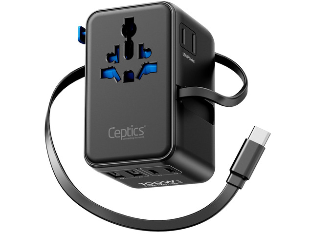 Universal Travel Adapter, GAN 100W, 4 USB Ports & 2 Input Sockets 7 in 1 Design, International Power Adapter with Type A, C, G, I Plugs, Universal...