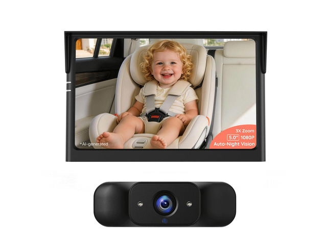 BM1 Baby Car Camera, 5' 1080P Baby Car Monitor Auto IR Night Vision, 3x Zoom and 360Â° Rotation; No-Tool Setup Gives a Real-Time Rear Seat View...