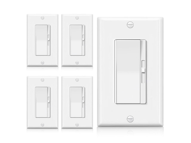 5 PK Single Pole/3-Way Dimmer Light Switch, Wall Plate Included UL Listed, Super Slim, for 300W Dimmable LED/CFL Lights and 600W...