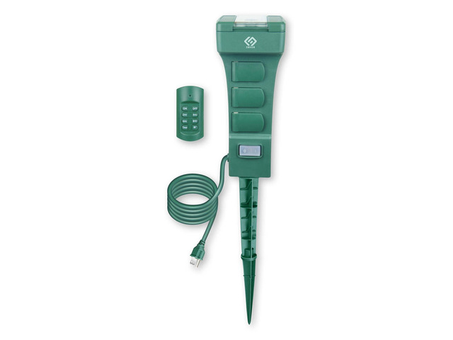 Outdoor Remote Control Power Stake with Photocell Timer 2/4/6/8 Hour Countdown, Dusk to Dawn, 6 Grounded Outlets 6FT Cord, UL Listed, Green