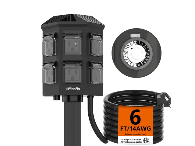 Outdoor Power Strip Waterproof, 24 Hour Mechanical Timer, 6 ft Extension Cord, 6 Grounded Outlets for Outdoor Lights, ETL Listed (6 FT)