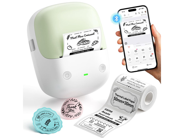B2 Label Maker Machine with Tape for Home Office, Green White Portable Bluetooth 2 Inch Label Printer with Multiple Templates, Thermal Labeler for...