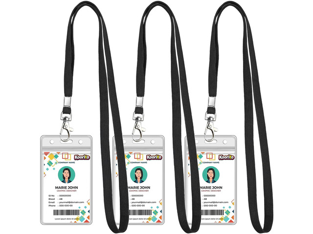 Koorito 3 Pack Clear ID Badge Holder with Lanyard Black Lanyards with Vertical Waterproof ID Badge Holder for Office, School, Travel