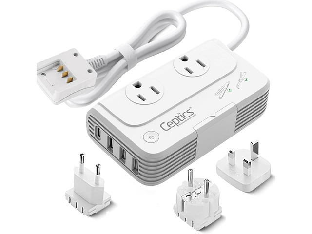 Ceptics Voltage Converter US to Europe, 200W, SWadAPt Plugs, 4 USB, QC 3.0 PD 18W fast charging. with SWadAPt Type C, E/F & G, 2 AC outlets for...