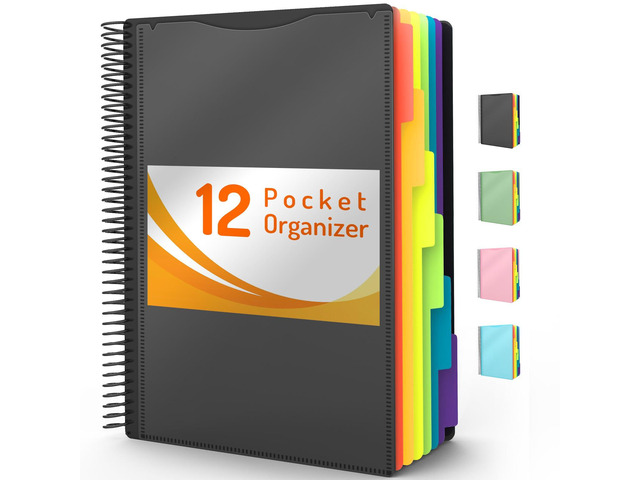 12 Pocket Project Organizer, 1/6-cut Tab Binder Organizer with Sticky Labels, Multi Pocket Folder with Zipper Pouch, Folder Binder Spiral Pocket...