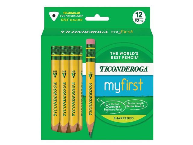 My First Short Triangular Wood-Cased Pencils, #2 HB Soft With Erasers, Yellow, 12 Count, Standard Size, High Quality Eraser