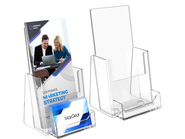 Acrylic Brochure Holder Flyer Display Stand 4 x 9 Inch, 2 Pack Built-in Business Card Holder, Clear Acrylic, Holds Brochures, Flyers, Menus,...