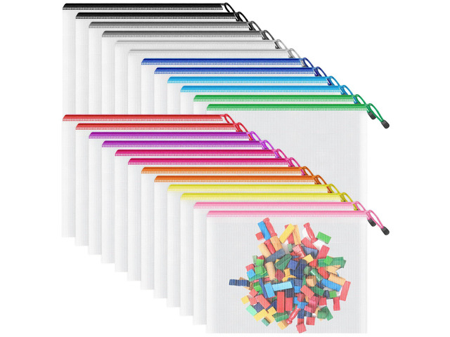 A5 Mesh Zipper Pouches 24 Pack, Color Storage Bags for Organizing 9.5' x 7.1' Waterproof Zip Bags for School Supplies, Planner Accessories, Crafts,...