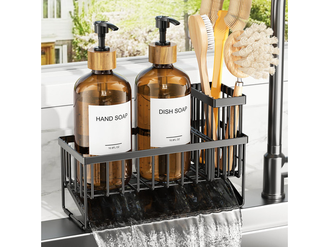 Kitchen Dish Soap Dispenser Set with 2 Pack 16.9oz Amber Glass Bottle and Sponge Holder, Dish Soap Dispensers with Adjustable Sponge Holder,...