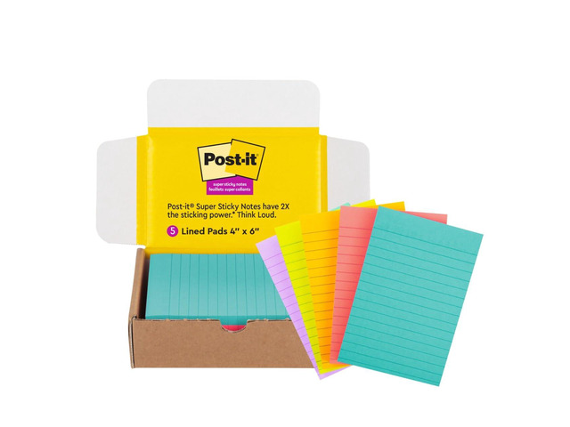 Super Sticky Notes, 4 x 6 in, Supernova Neons, 5 Lined Pads School Supplies and Oce Supplies, 2X the Sticking Power