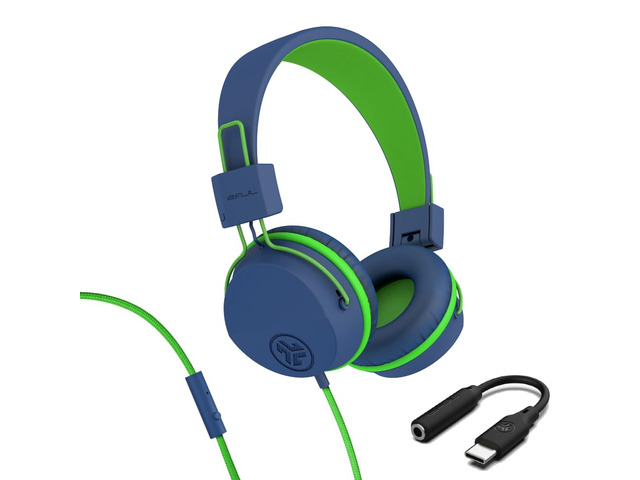 JBuddies Studio, Kids Wired on-Ear Headphones, Bundle with USB-C Adapter, Volume limiting, Foldable, Blue/Green
