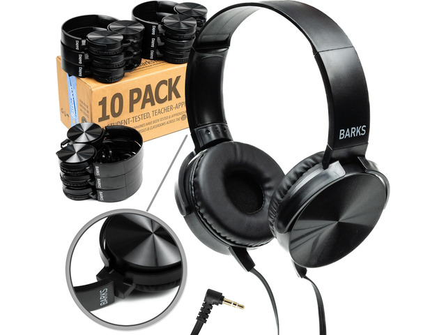 Classroom Headphones Bulk 10 Pack (Select Black, On-Ear, Wired 3.5mm) Durable Everyday Student Use, Tangle-Free Cords, Adjustable Fit All-Day...